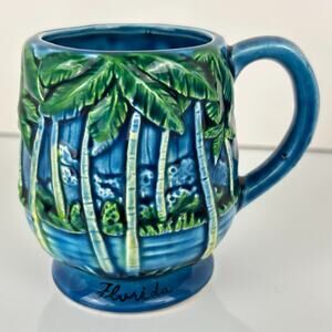 Vintage Florida 3D Souvenir Pedestal Mug Blue Green Palm Trees Japan Ceramic MCM